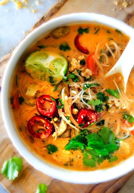 ONE POT Thai Chicken Noodle Soup - this is one of my favorite soups I have ever tasted let alone made! Its way better than takeout with layers of warm, comforting aromatic flavors and I love all the veggies! I had never cooked with rice noodles and the texture was outstanding, even in leftovers!