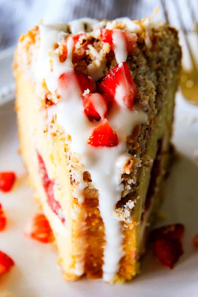up close of a slice of the best Cream Cheese Coffee Cake recipe
