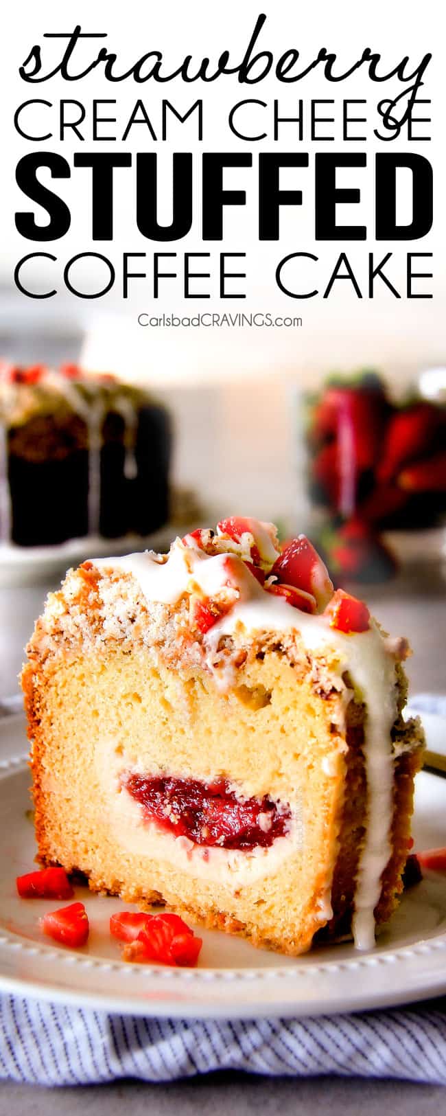 Strawberry Cream Cheese STUFFED Sour Cream Coffee Cake - this is the best strawberry coffee cake ever! the INCREDIBLY creamy cheesecake-like cream cheese filling and strawberries all topped with Coconut Pecan Streusel and Lemon Drizzle is OUT OF THIS WORLD! I can't say enough good things about this coffee cake!