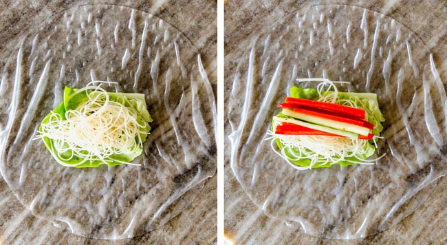 a collage showing how to make Vietnamese Spring Rolls by layering rice paper with lettuce, vermicelli, cucumber, bell peppers, carrots