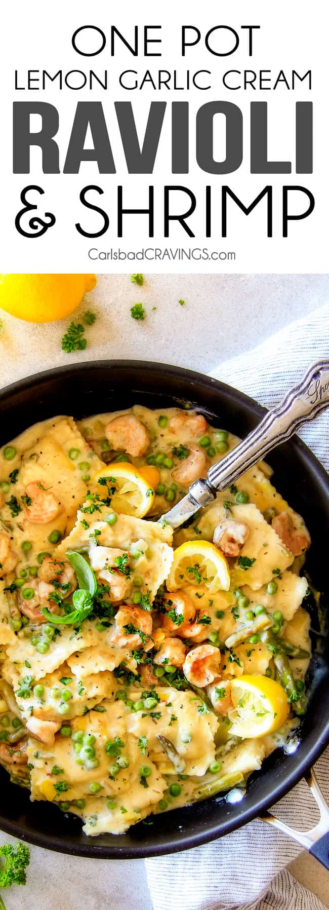 One Pot Lemon Garlic Cream Ravioli with Shrimp and Asparagus.