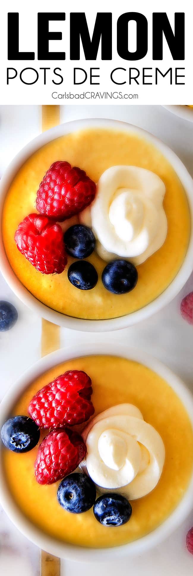 Lemon Pots de Creme with berries and cream on top. 