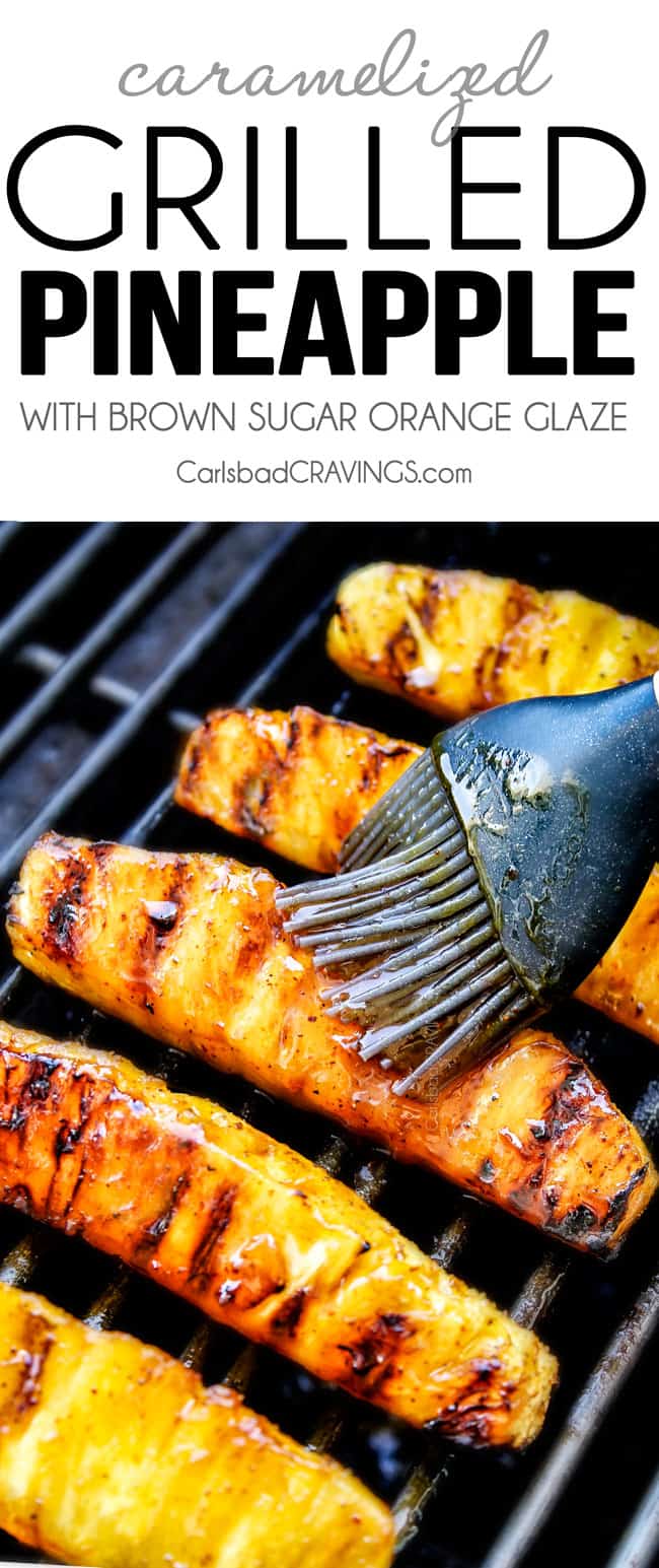 showing how to make grilled pineapple by grilling it on a stove an basting with glaze
