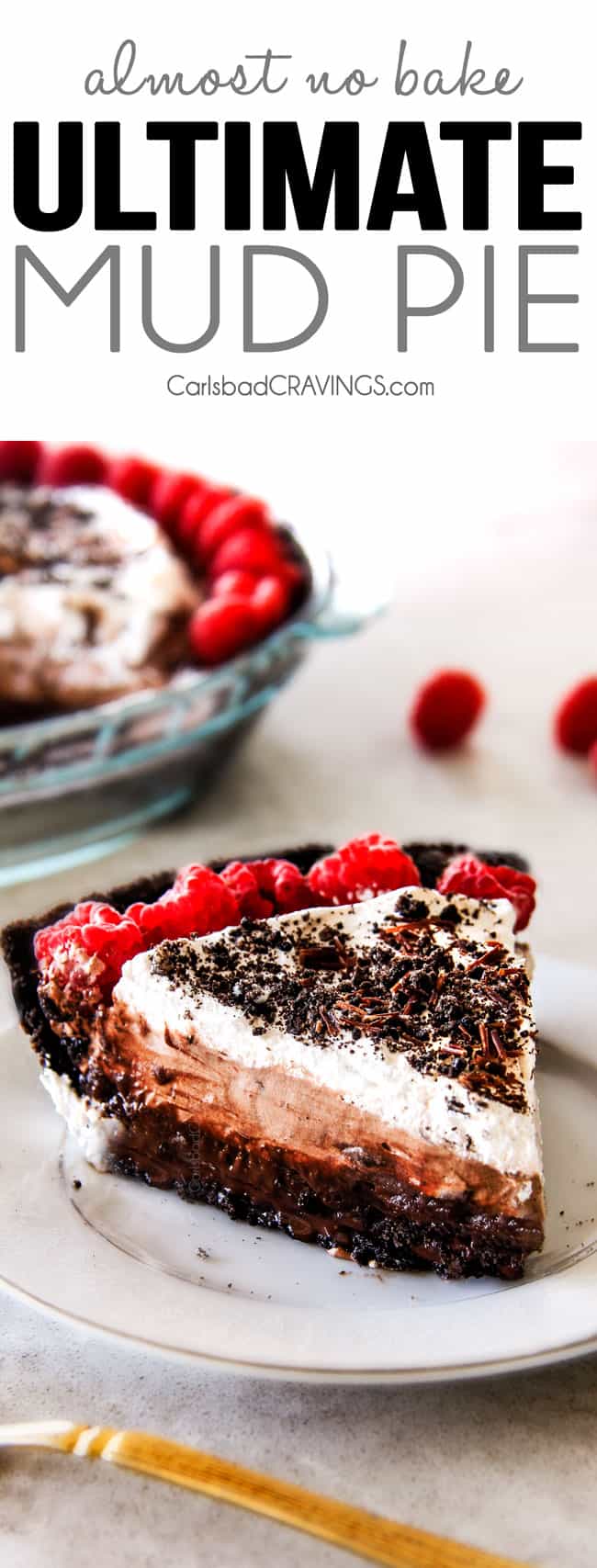 a slice of easy mud pie with oreo crust and chocolate pudding