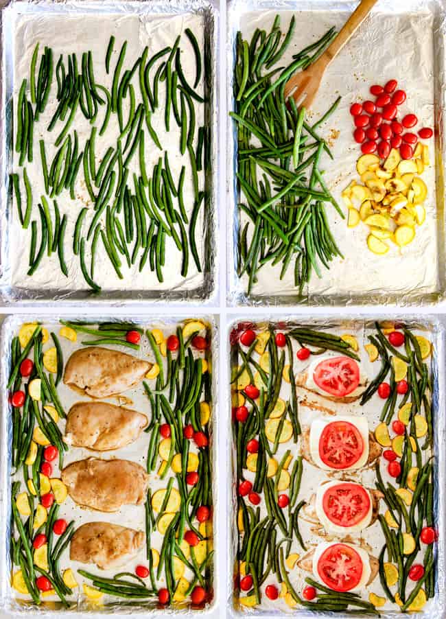 a collage showing how to make Baked Chicken Caprese by adding green beans to a sheet pan followed by tomatoes, then adding marinated chicken and tomatoes