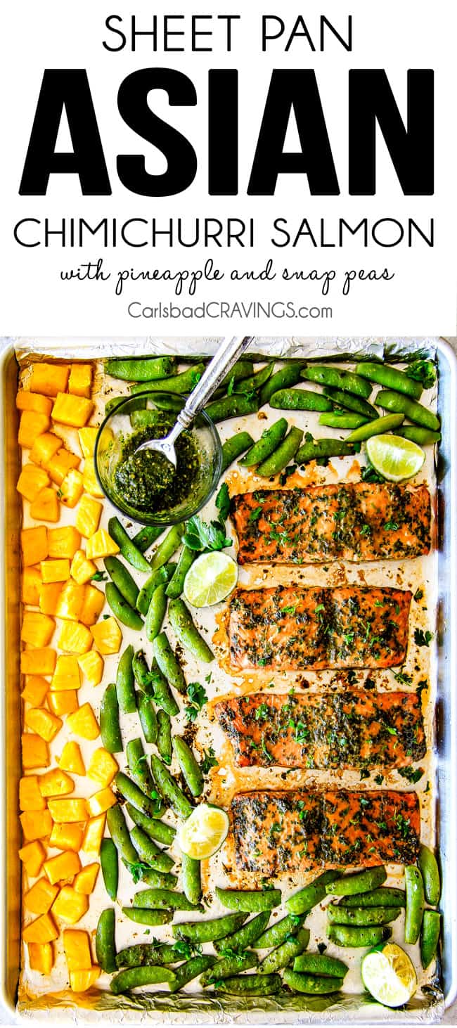 Asian Chimichurri Salmon on a pan with vegetables.