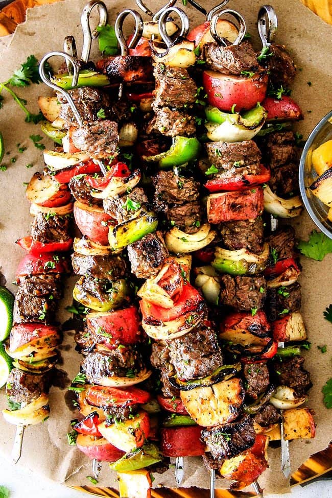 Brazilian Steak Kabobs with Potatoes, Onions and Peppers- Oh my goodness, these were just as good as any Brazilian Steakhouse! So crazy juicy, exploding with flavor and super easy!