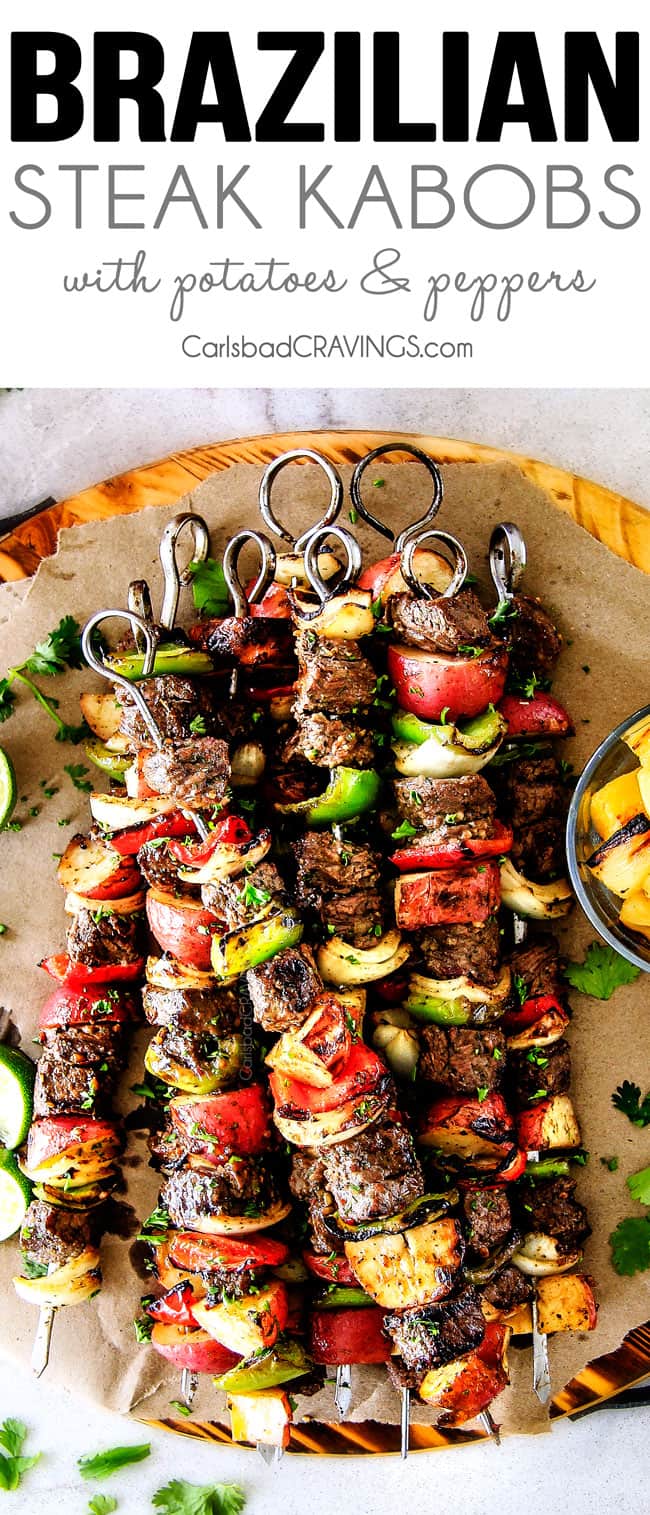 Brazilian Steak Kabobs with Potatoes, Onions and Peppers- Oh my goodness, these were just as good as any Brazilian Steakhouse! So crazy juicy, exploding with flavor and super easy!