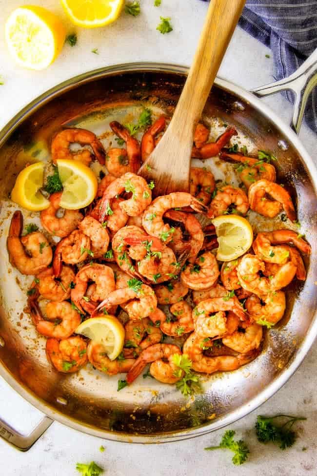 top view of easy Old Bay Shrimp in a large stainless steel skillet