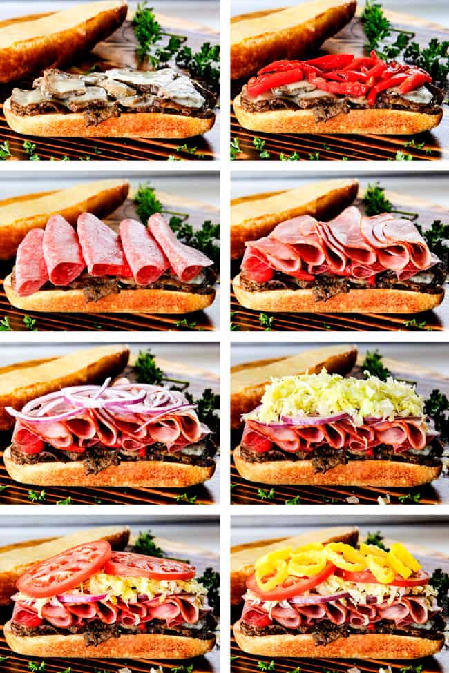 a collage showing how to make Italian Beef Sandwiches by topping with provolone, Italian Beef, roasted bell peppers, Genoa Salami, Capacolla, red onions, chopped lettuce, tomatoes and pepperoncini
