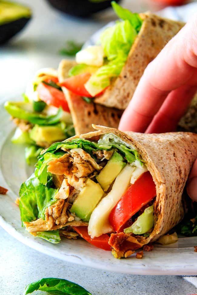 15 MINUTE Avocado Caprese Chicken Wraps  - I am completely addicted to these wraps and they are totally easy and healthy! they are loaded with the most amazing balsamic chicken, juicy tomatoes, milky mozzarella, creamy avocadoes, crunchy romaine, fresh basil and crispy bacon all wrapped in a soft flatbread.  seriously, to die for! 