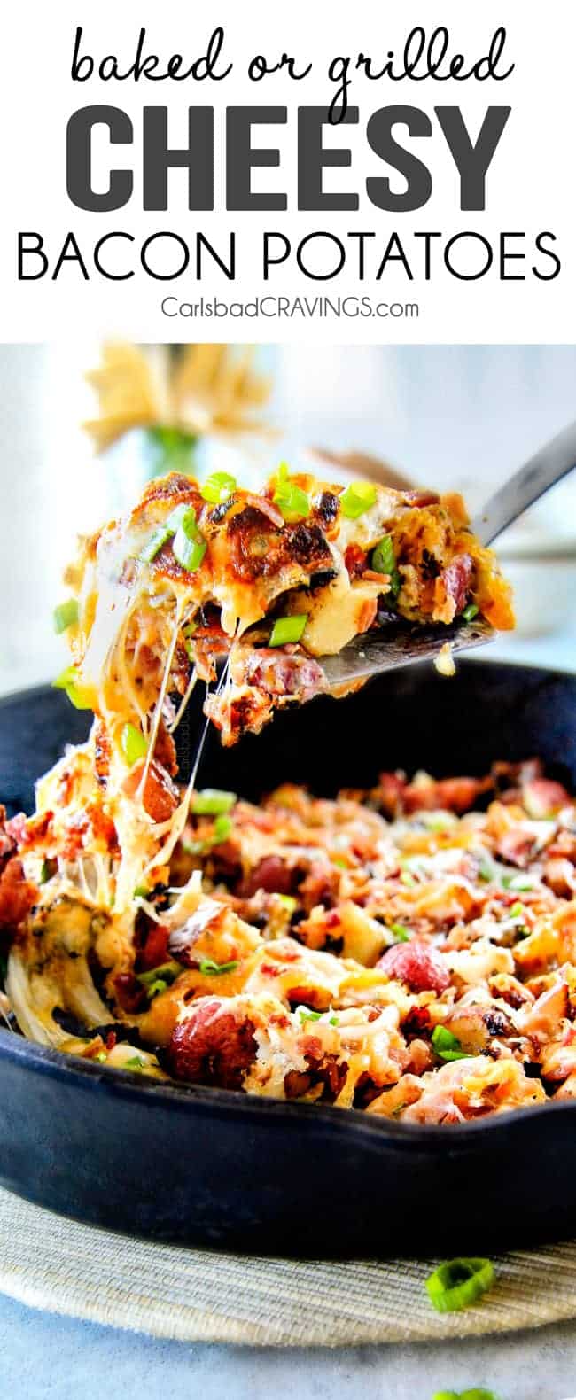 These EASY Baked or Grilled Cheesy Potatoes with Bacon are so ADDICTING!  they are perfectly spiced, ssooooo cheesy and I love the soft centers and crispy edges!  Tastes like potato skins but better!