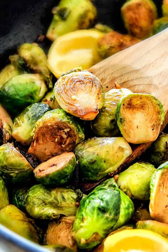 up close of easy Sautéed Brussels Sprouts in a skillet