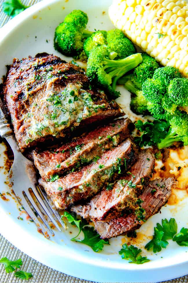 Spice Rubbed Steaks with Herb Butter (grill or pan seared) with a caramelized seasoned crust and the most amazing rich and bright Herb Butter with STEP BY STEP instructions, tips and tricks!  This easy Steak Spice Rub alone is out of this world! 