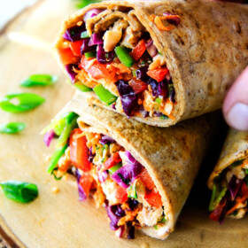 25 MINUTE fresh and crunchy Chinese Chicken Salad Wraps are your favorite Chinese salad in easy, satisfying, healthy portable wrap form!  The vibrant dressing is amazing and the addition of Sweet Chili Sauce takes these to a whole new level!   I love having this filling on hand! 