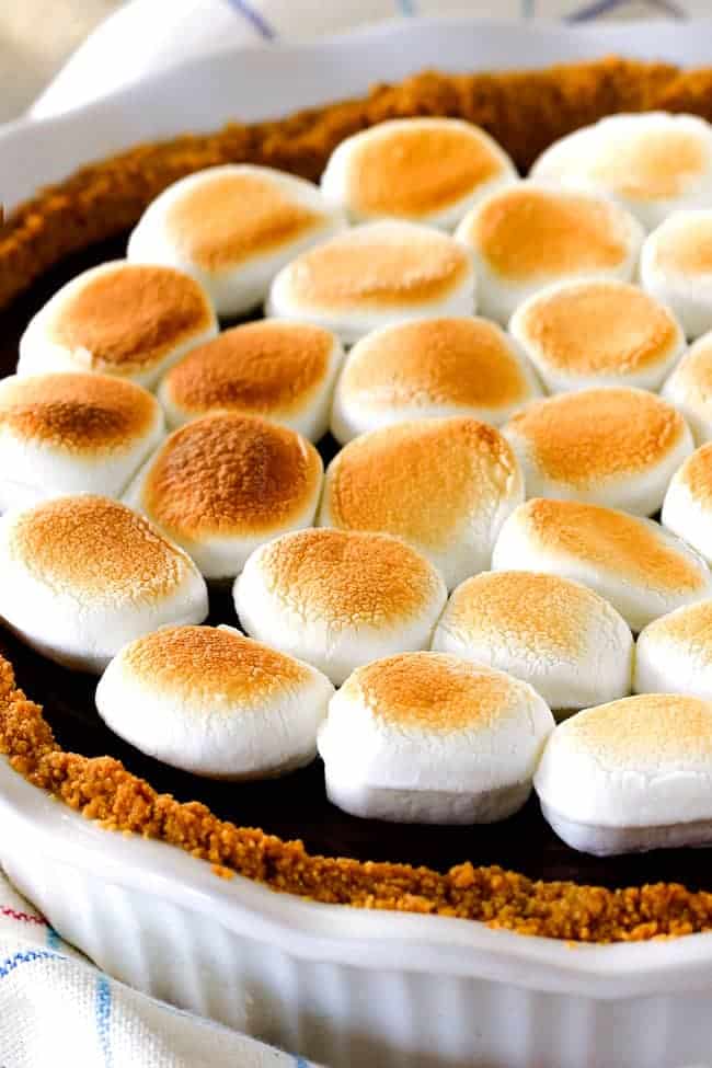 Fresh baked Nutella S'mores Pie with marshmallow on top. 
