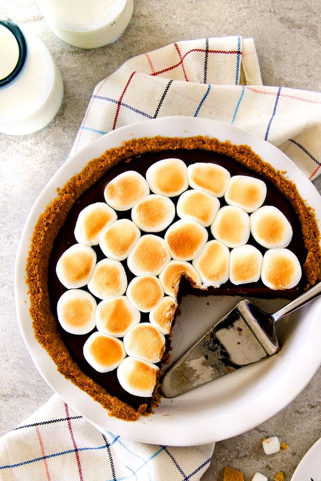 pan of Nutella S'mores Pie with marshmallow on top. 