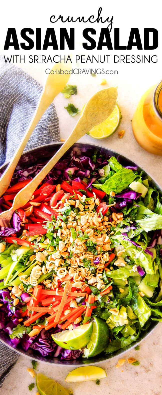 This Crunchy Asian Salad with Sriracha peanut Dressing is CRAZY GOOD!   The combination of texures is amazing and the dressing is absolutely addicting!  This salad is so good I was actually eating leftovers for breakfast! 