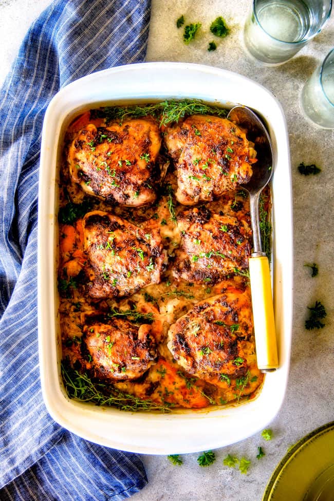 A pan of Baked Garlic Herb Chicken with Scalloped Sweet Potatoes.