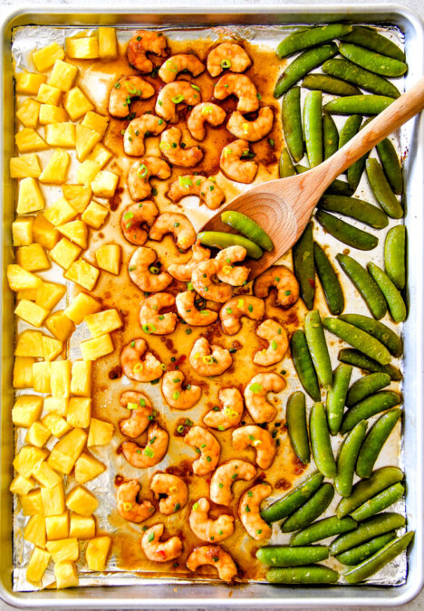 I am in love with this Sheet Pan Teriyaki Shrimp, Pineapple and Snap Peas!  Its SO easy, healthy, a meal-in-one and the homemade Teriyaki sauce is the best I've ever had (DON'T be tempted to use store bought!)!   I'm always keeping frozen shrimp on hand so I can make this any time! 