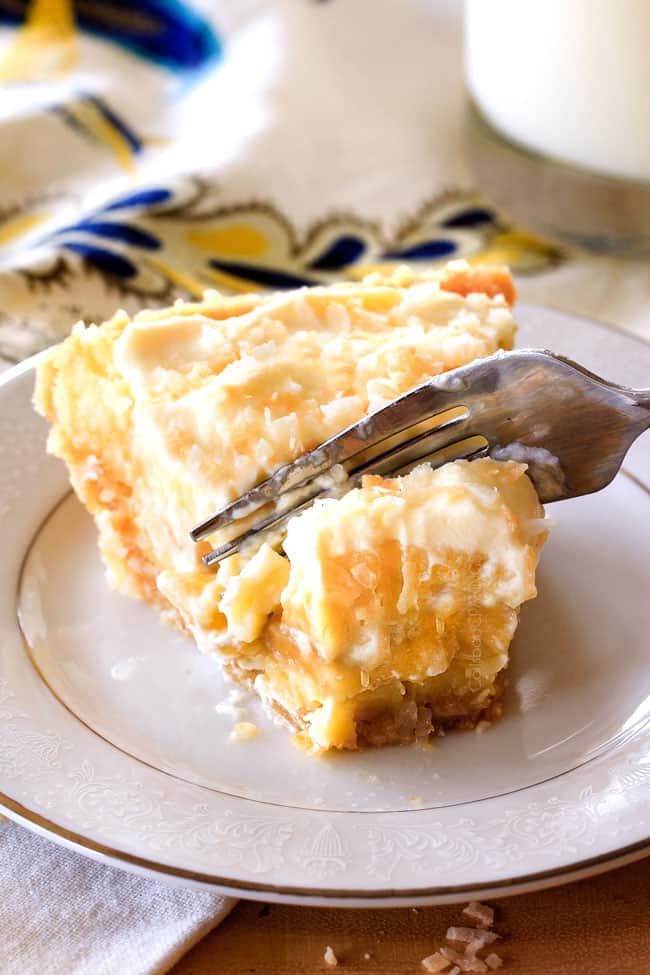Banana Coconut Cream Pie with a bite on a fork. 