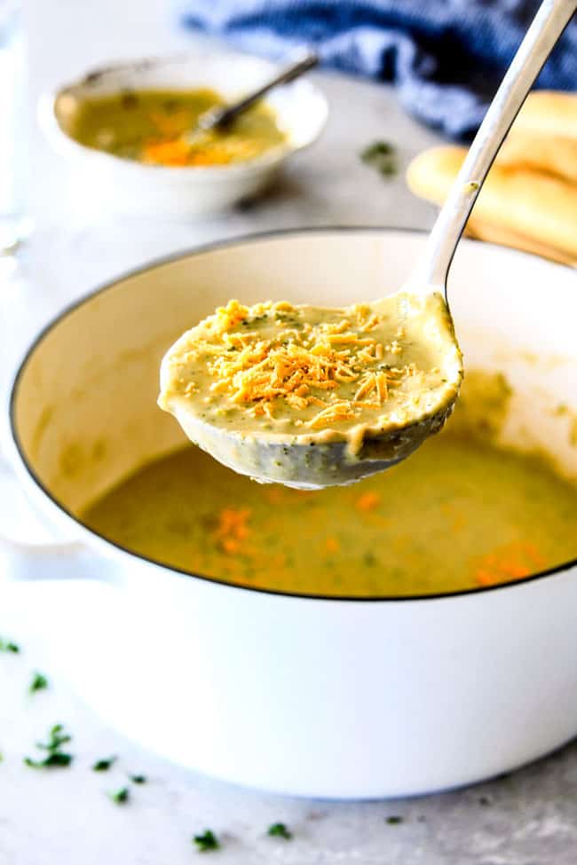 This is the BEST Broccoli Cheese Soup ever - you won't believe its lightened up!!!  SO FLAVORFUL, creamy, easy, and on your table in 30 minutes!