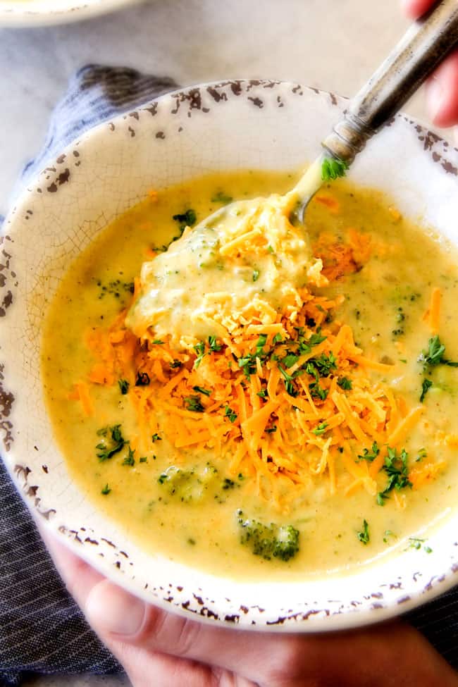 This is the BEST Broccoli Cheese Soup ever - you won't believe its lightened up!!!  SO FLAVORFUL, creamy, easy, and on your table in 30 minutes!
