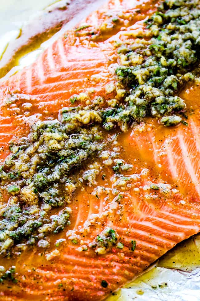 Capri - Enjoy oven baked salmon topped with garlic butter