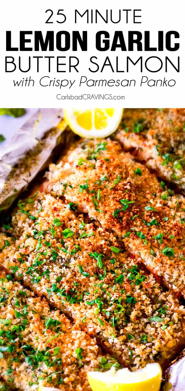 25 MINUTE Baked Lemon Garlic Butter Salmon with Crispy Parmesan Panko & Broccoli!  This salmon is not only bursting with flavor and sooo juicy and tender but the easiest, most satisfying meal that tastes totally gourmet!  My parents were blown away by this meal!