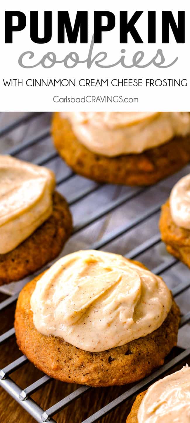 These are the BEST Pumpkin Cookies I've ever had!  They are super soft, tons of flavor and the Cinnamon Cream Cheese Frosting is so addicting I was licking the bowl!   I brought these to a Halloween Party and they were the first dessert gone!