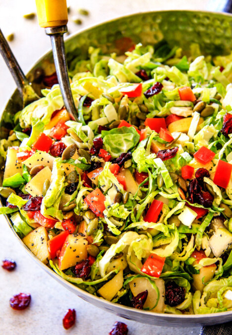 Cranberry Apple Shaved Brussels Sprouts Salad with Lemon Poppy Seed Dressing is one of my favorite salads IN THE WORLD! It belongs on your table this Thanksgiving and Christmas and all season long!  The perfect STRESS FREE make ahead side that is flavor and texture heaven!  #thanksgivingside #thanksgivingsalad