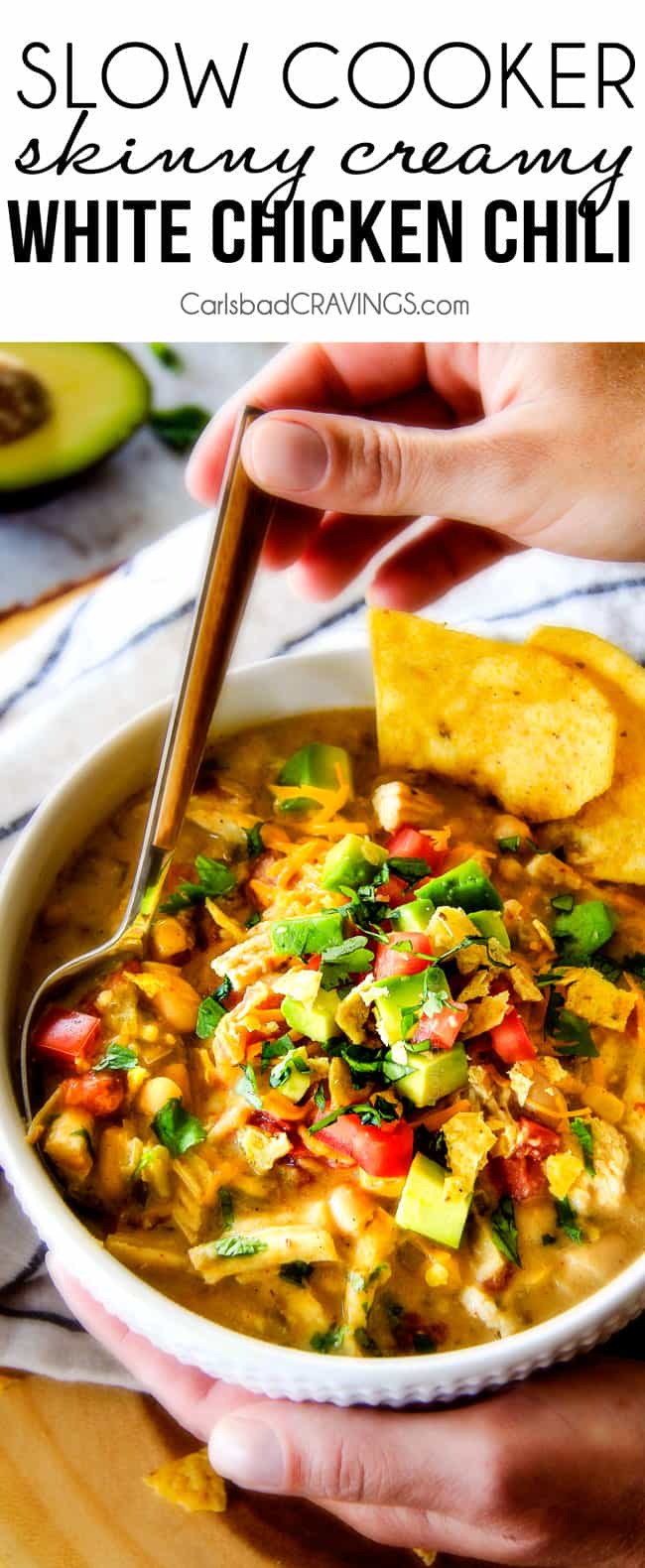 This is the best Slow Cooker Creamy White Chicken Chili I have ever had! Its soooo creamy without heavy cream, so easy, and the layers of flavors are out of this world!