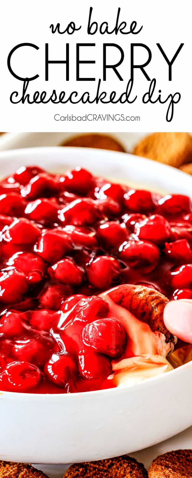 Easy, creamy NO BAKE Cherry Cheesecake Dip is one of the easiest AND most delicious desserts/appetizers that comes together in minutes! The perfect make ahead, stress free, crowd pleaser for all your holiday parties!