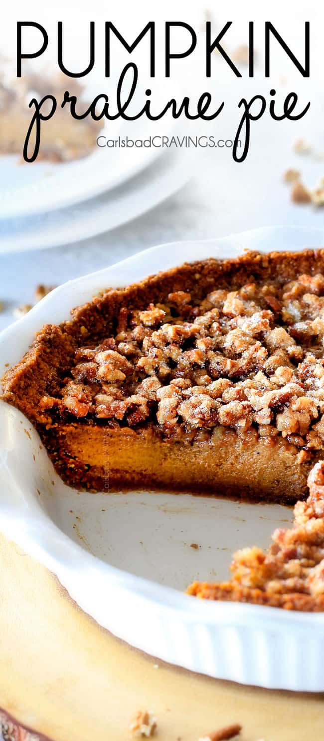 I will never go back to just Pumpkin Pie again!  This Pumpkin PRALINE Pie is a Thanksgiving and Christmas must!  Creamy pumpkin pie topped with crunchy, chewy brown sugar pecans for the perfect flavor and texture combination in every bite!  