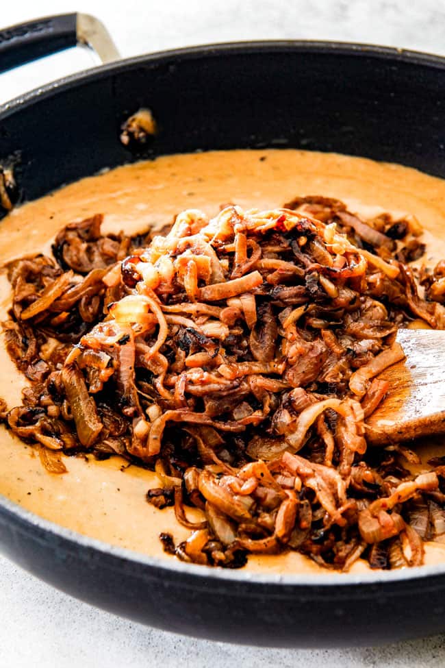  This French Onion Cheese Fondue with rich, deeply caramelized onions and bubbling Gruyere and Smoked Gouda is a party MUST!  Its easy to prepare, crazy delicious and the hit of every party! 