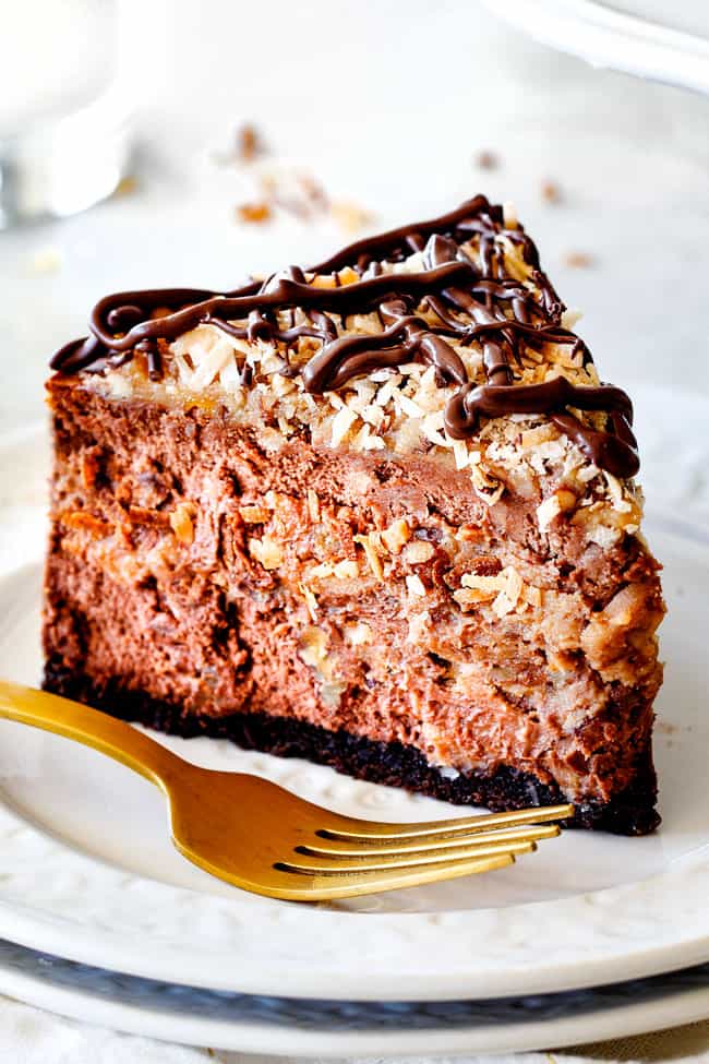 A perfect slice of German Chocolate Cheesecake.