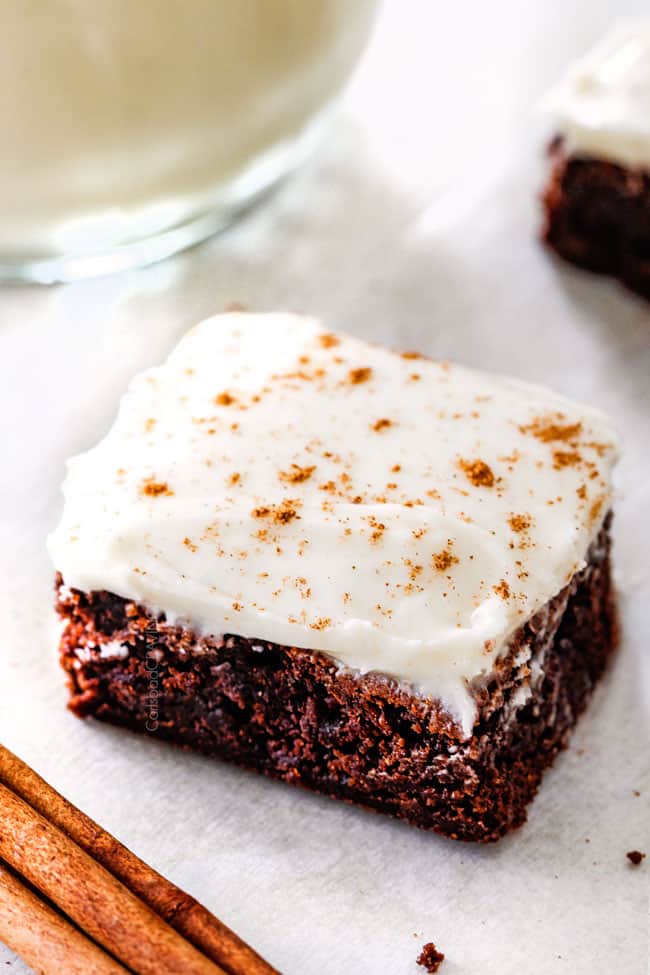 Gingerbread Brownies with white Eggnog Frosting.