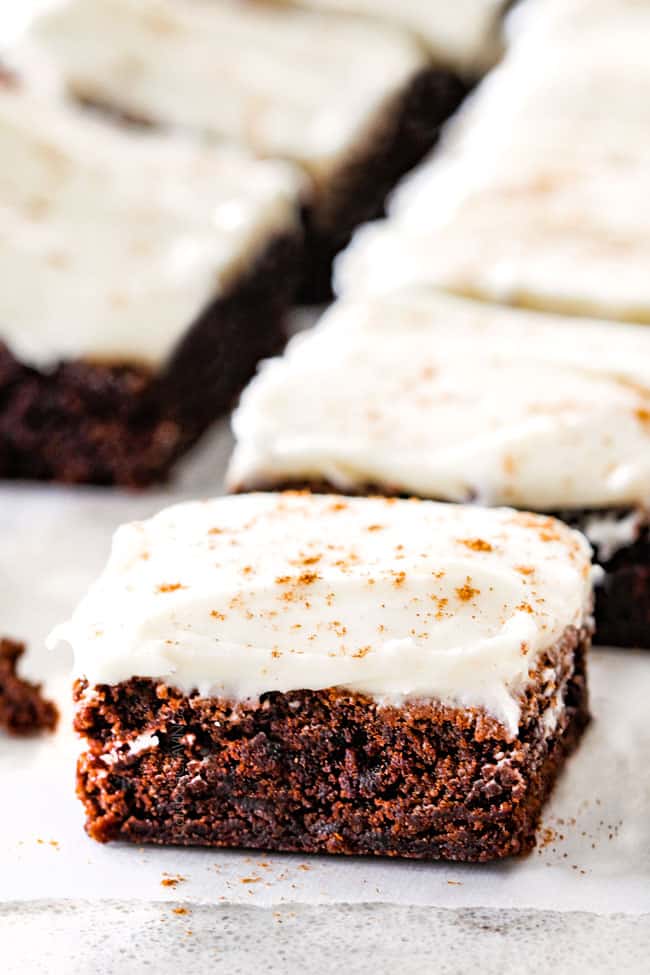 Gingerbread Brownies with Eggnog Frosting and cinnamon on top. 