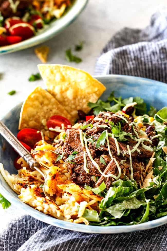 Barbacoa Beef Taco Bowls with Hash Browns & Avocado Ranch and chips on the side.