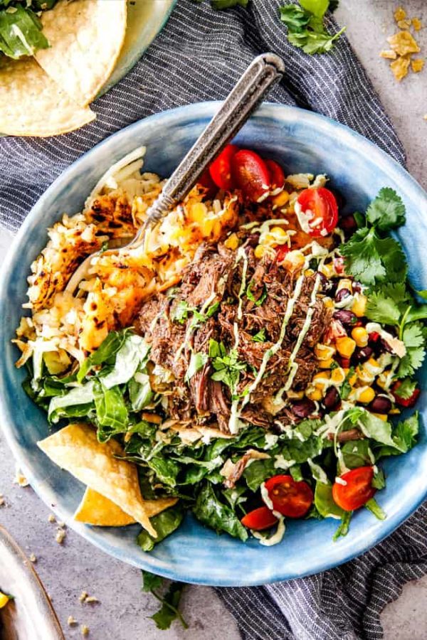 Barbacoa Beef Taco Bowls with Cheesy Hash Browns and Avocado Ranch