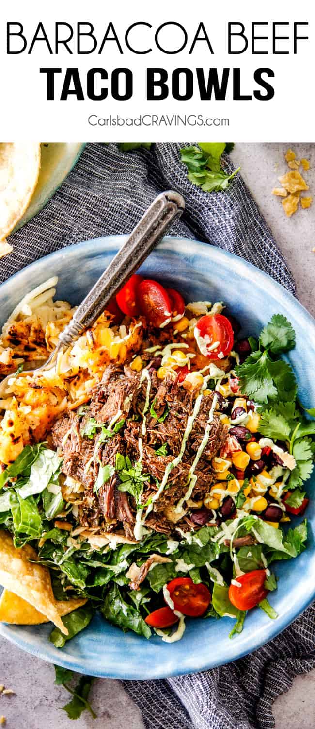 These Barbacoa Beef Taco Bowls are SO addicting!   They are an explosion of flavor and texture in every juicy, crispy bite and make a fabulous prep ahead dinner or Game Day taco bowl bar favorite! 