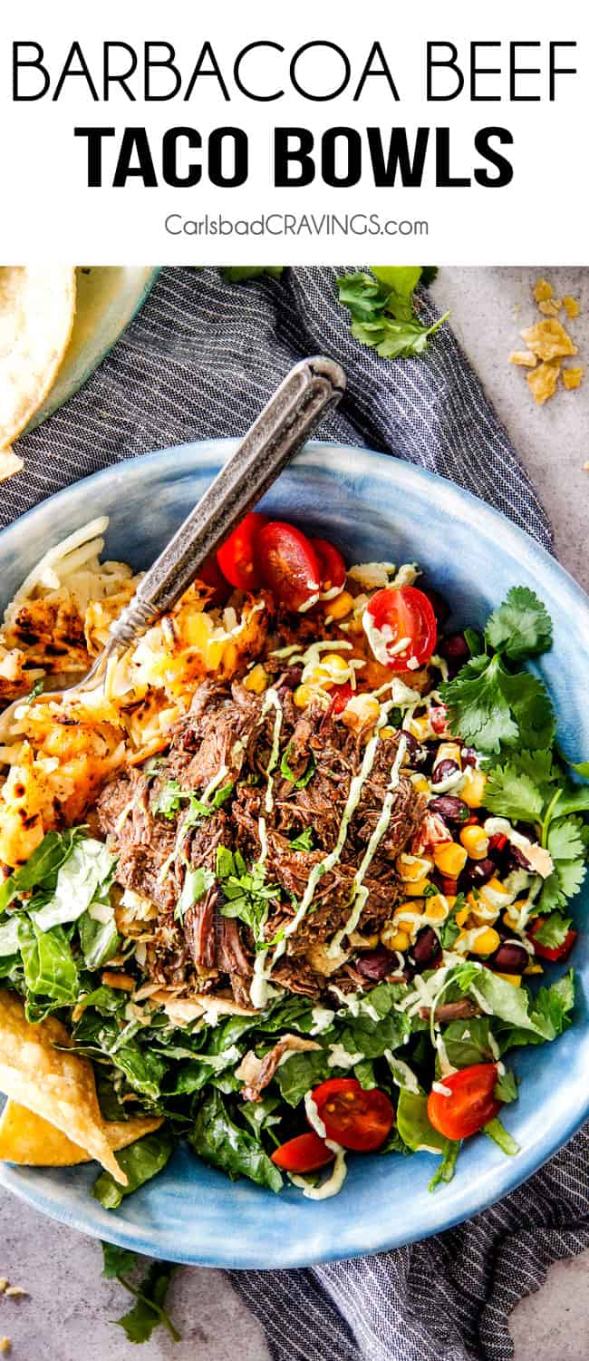 Barbacoa Beef Taco Bowls With Cheesy Hash Browns And Avocado Ranch