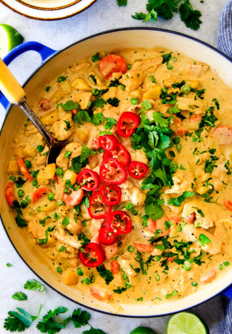 This EASY Thai Yellow Curry with Chicken tastes straight out of a restaurant!  Its wonderfully thick and creamy, bursting with flavor and veggies (I highly recommend the listed potatoes, cauliflower and peas) and all made in one pot! Definitely a hit at our house!