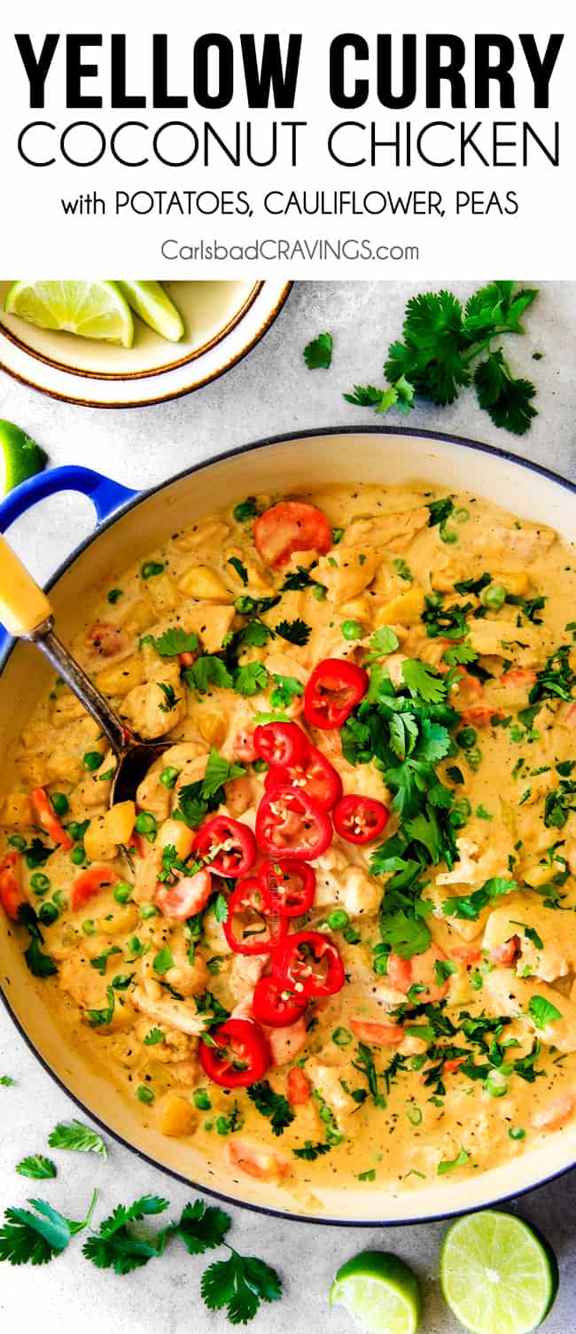 This EASY Thai Yellow Curry Chicken tastes straight out of a restaurant!  Its wonderfully thick and creamy, bursting with flavor and veggies (I highly recommend the listed potatoes, cauliflower and peas) and all made in one pot! Definitely a hit at our house!