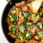 top view of easy Beef and Broccoli in a black skillet