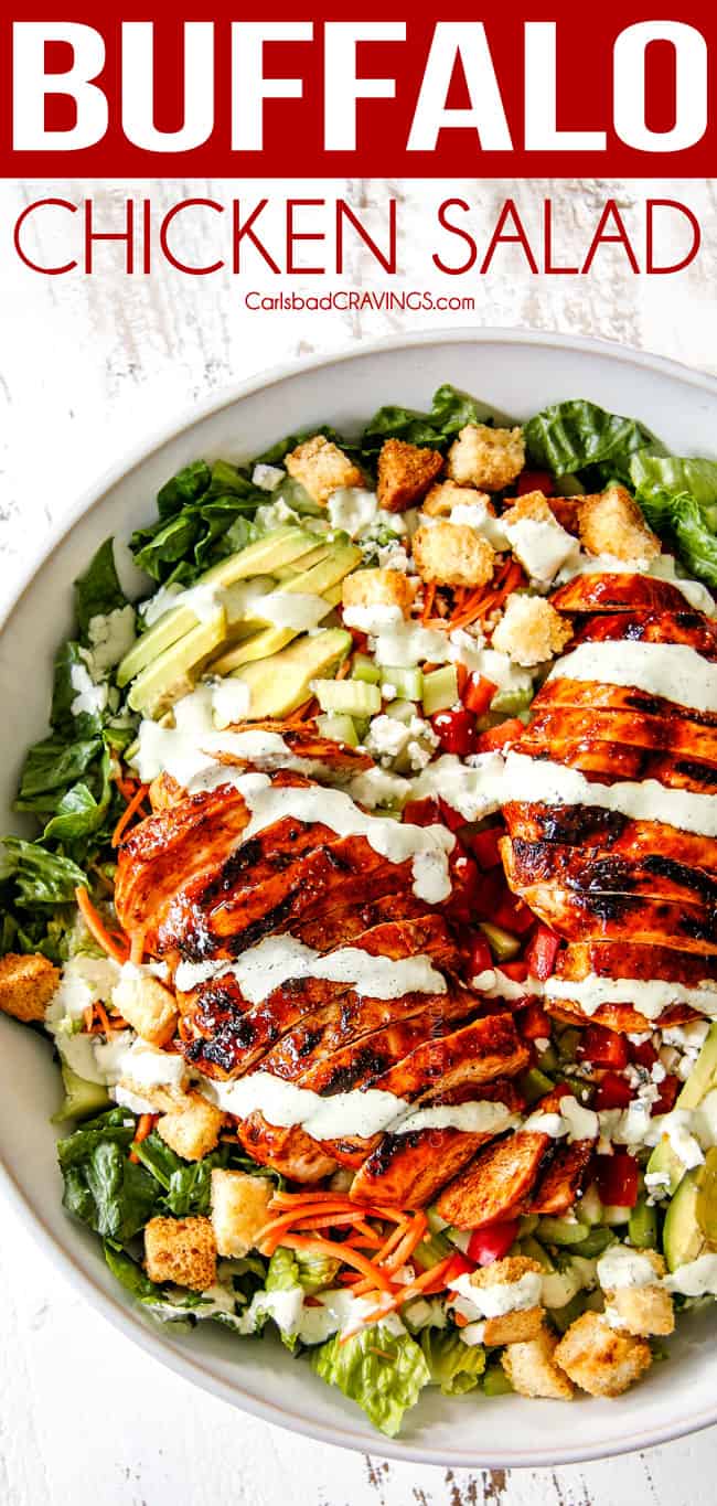 top view of Buffalo Chicken Salad in a white bowl with best buffalo chicken, blue cheese, celery, carrots, avocado, red bell peppers and lettuce with Blue Cheese Dressing Drizzle