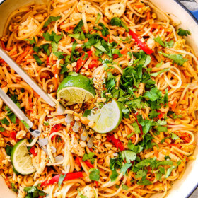 This Chicken Pad Thai Recipe is unbelievable with the most incredible pantry friendly Pad Thai Sauce!  It tastes even better than takeout and only 30 minutes to make!  You can use chicken or make it vegetarian Pad Thai or Shrimp Pad Thai!