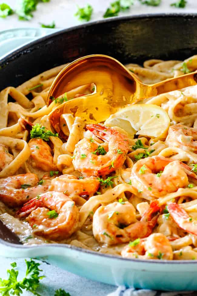 Lemon Garlic shrimp fettuccine in a skillet