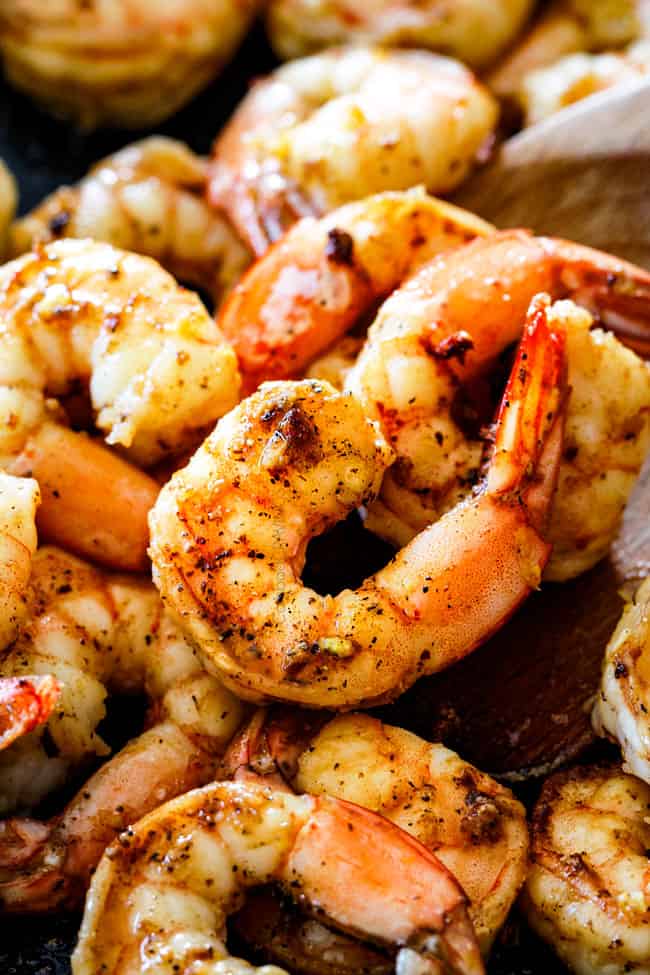 Close up of Cooking Lemon Butter Garlic Shrimp in a skillet