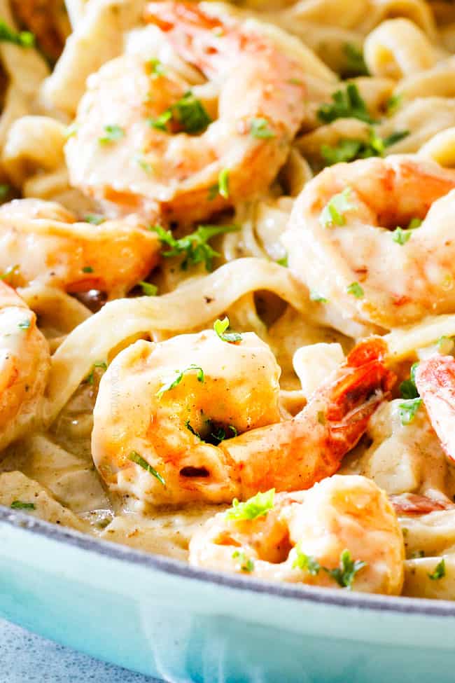 close up of Lemon Garlic shrimp fettuccine in a skillet